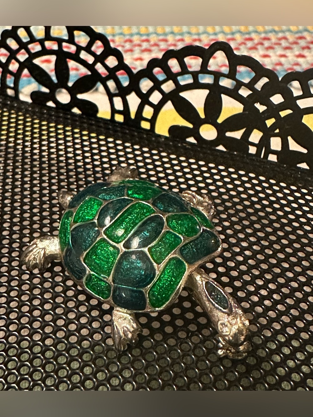 Green Enamel Turtle Brooch Silver Tone Possibly Vintage